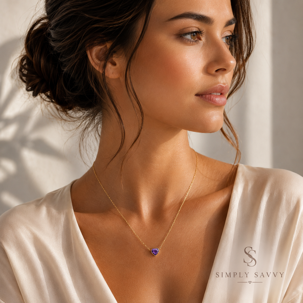 14K Yellow Gold Amethyst Heart Necklace – Adjustable 15.75 to 18 Inch