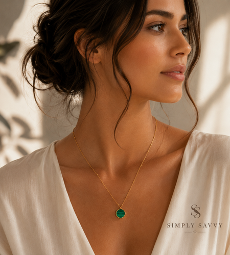 14K Yellow Gold Malachite Inlay Circle Necklace – Adjustable 16 to 18 Inch