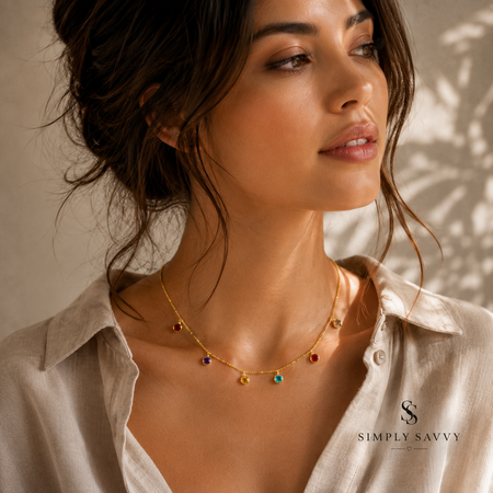 14K Yellow Gold Multi-Color Round Charm Necklace – Adjustable 16 to 18 Inch