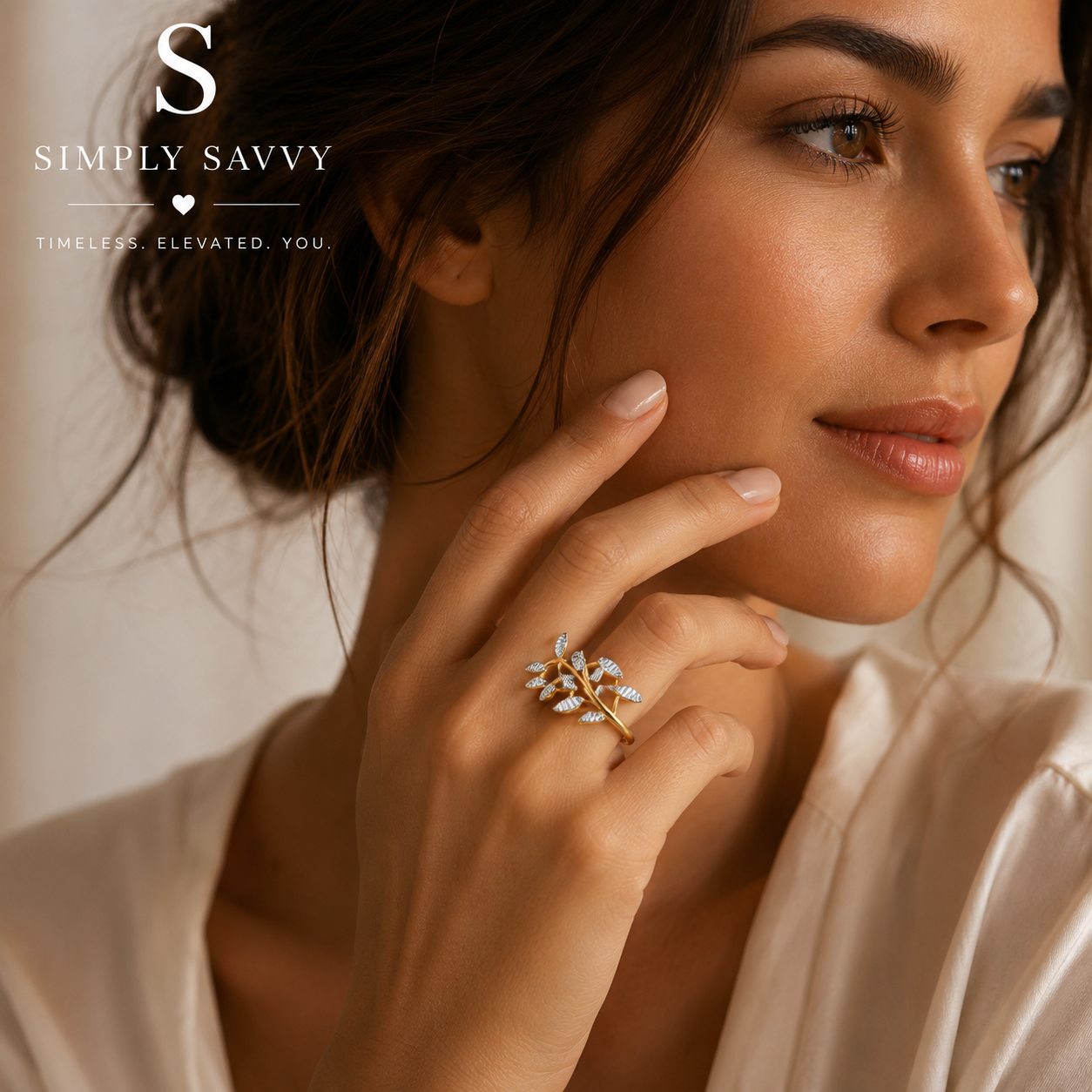 14K Two-Tone Gold Textured Leaf Crossover Ring
