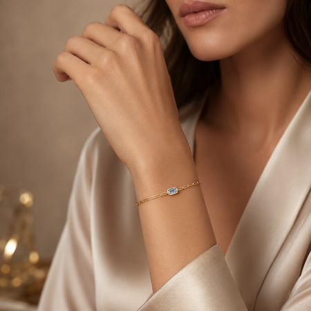 14K Yellow Gold Blue Topaz Paperclip Bracelet, 7"
