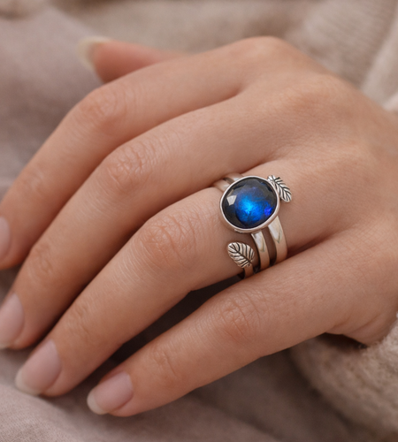 Natural Blue Labradorite Ring 925 Sterling Silver Wrap Ring Size 7