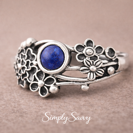925 Sterling Silver Natural Lapis Floral Ring – Size 6 Boho Flower Statement Ring