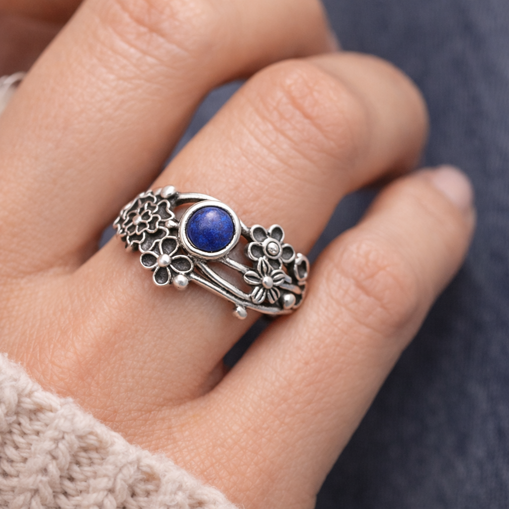 925 Sterling Silver Natural Lapis Floral Ring – Size 6 Boho Flower Statement Ring