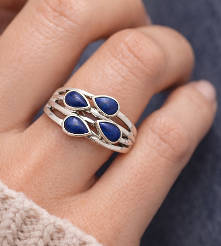Natural Lapis Lazuli Ring – 925 Sterling Silver Multi Stone Pear Design Size 6