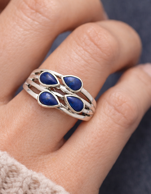 Load image into Gallery viewer, Natural Lapis Lazuli Ring – 925 Sterling Silver Multi Stone Pear Design Size 6
