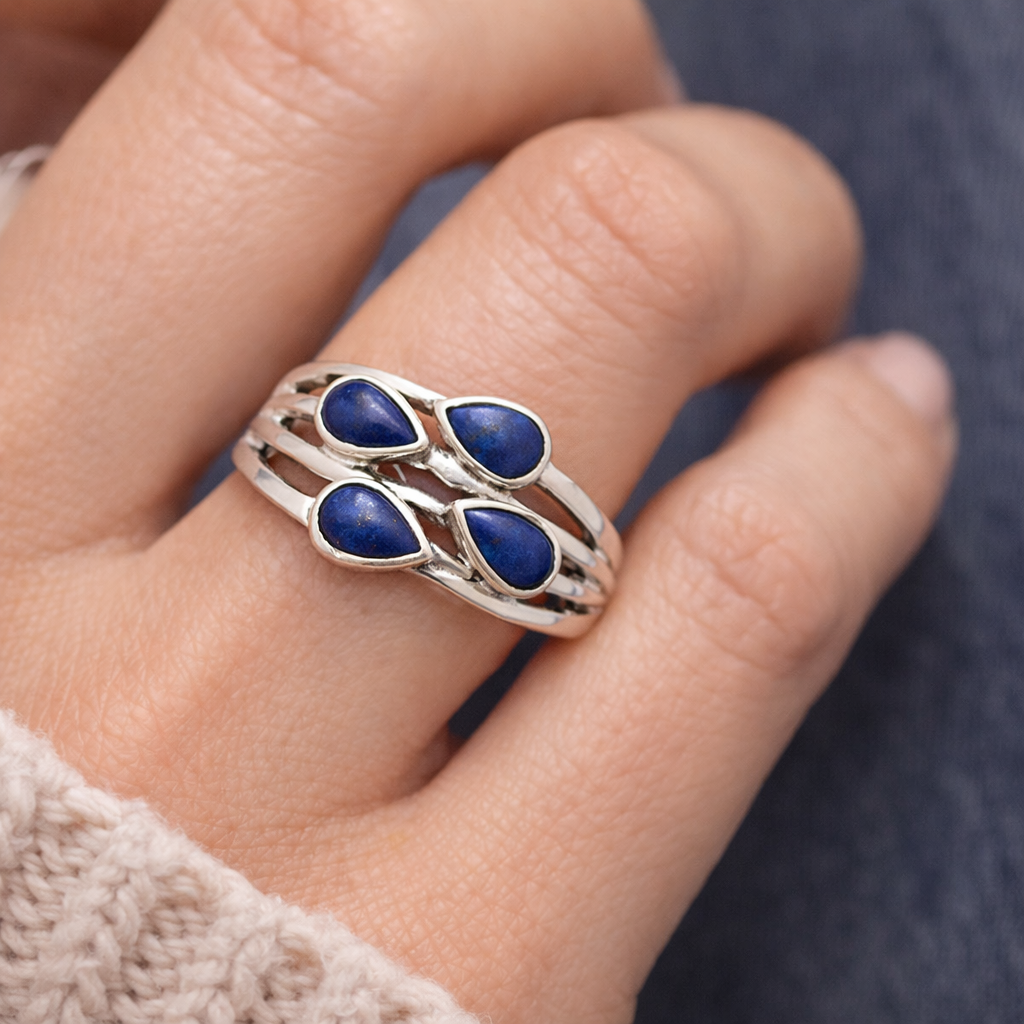 Natural Lapis Lazuli Ring – 925 Sterling Silver Multi Stone Pear Design Size 6