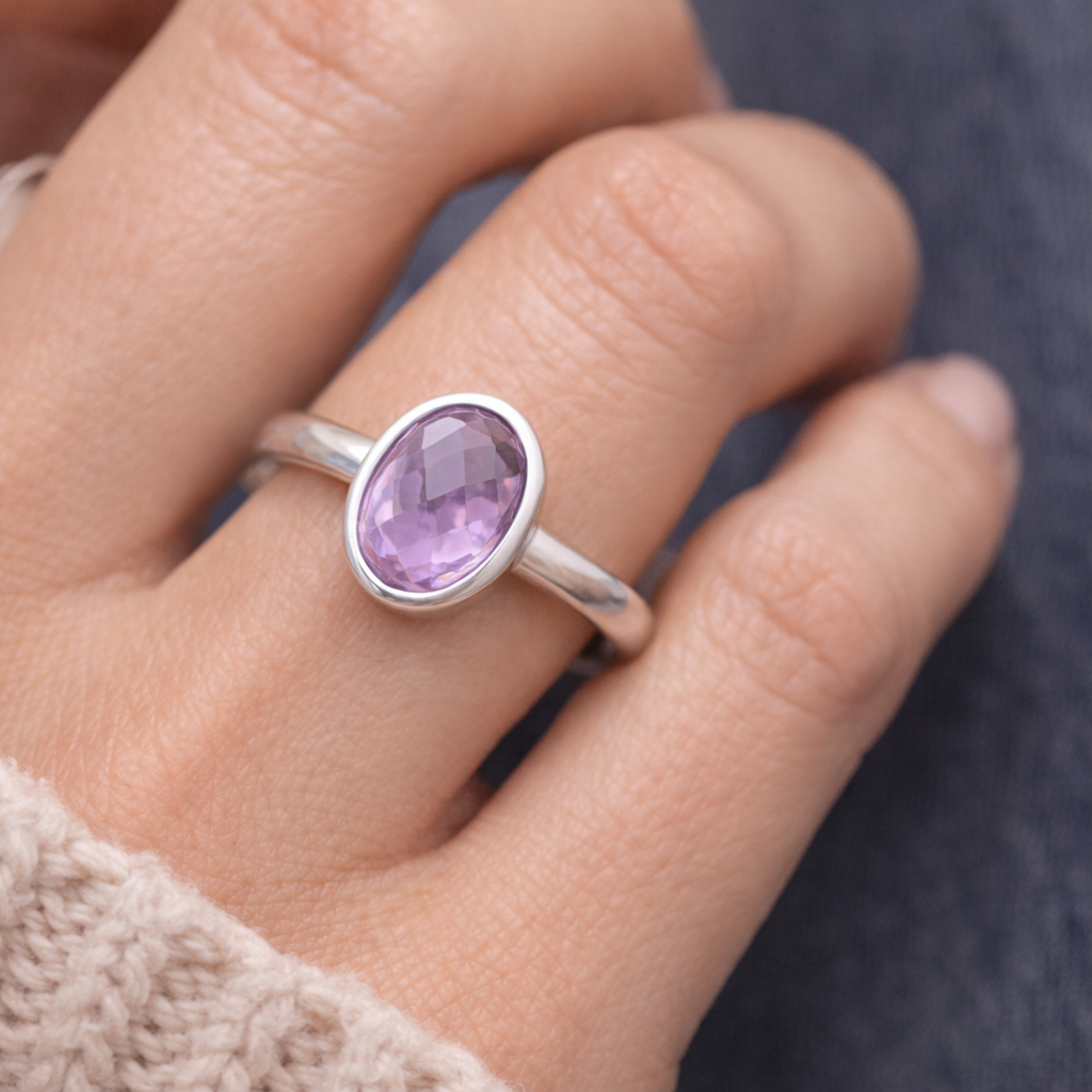 Natural Amethyst Brazil Ring 925 Sterling Silver Size 7 – 8x10mm Faceted Gemstone