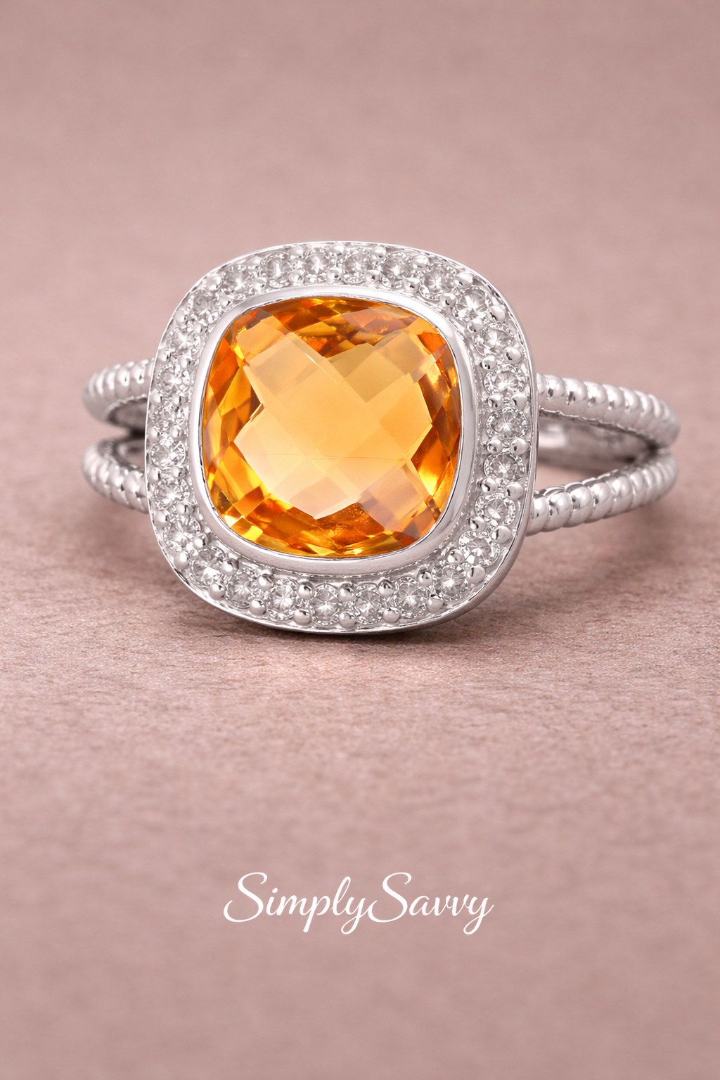 Natural Citrine Cushion Halo Ring 925 Sterling Silver 10mm Size 6 November Birthstone