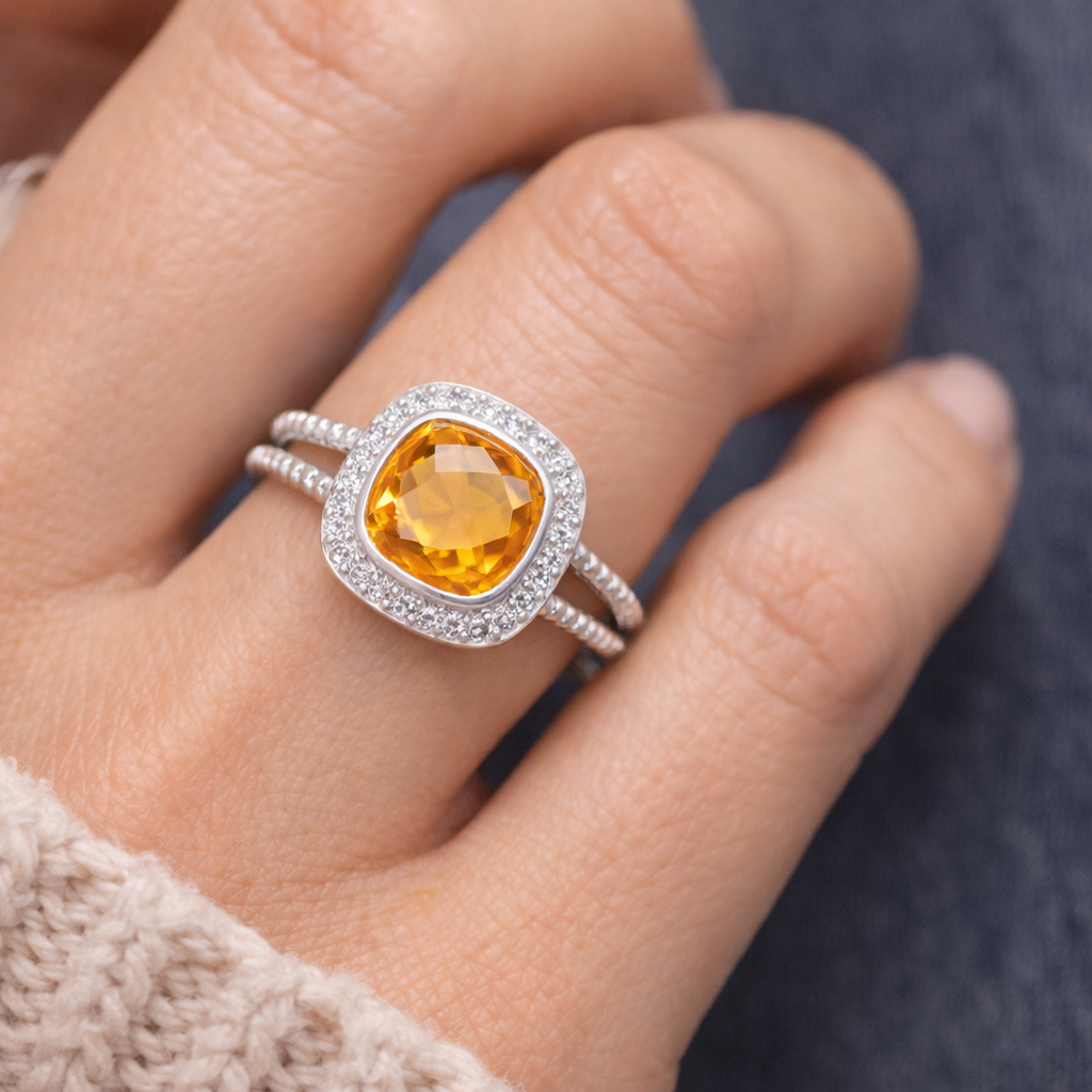 Natural Citrine Cushion Halo Ring 925 Sterling Silver 10mm Size 6 November Birthstone