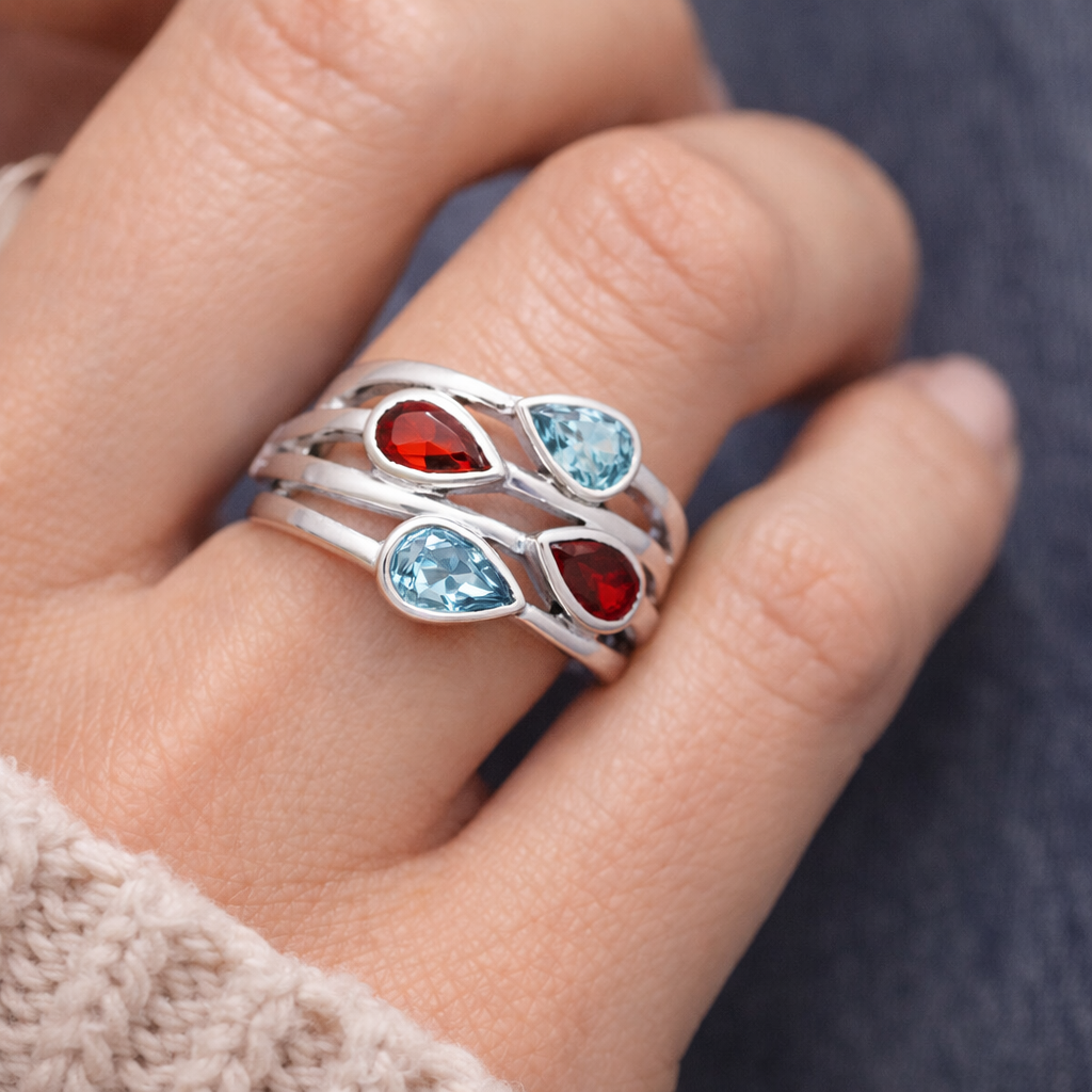Sky Blue Topaz & Hessonite Garnet Ring 925 Sterling Silver Size 6 Natural Gemstones
