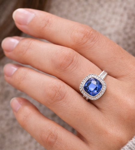 Sterling Silver Cushion Cut Simulated Tanzanite Ring CZ Halo Size 6 Statement Ring