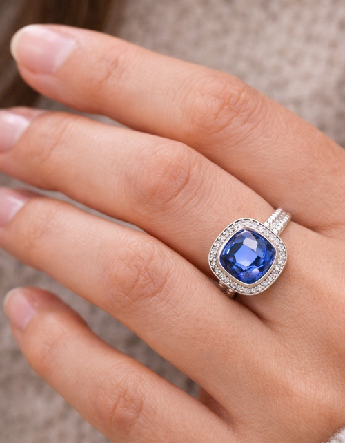 Load image into Gallery viewer, Sterling Silver Cushion Cut Simulated Tanzanite Ring CZ Halo Size 6 Statement Ring
