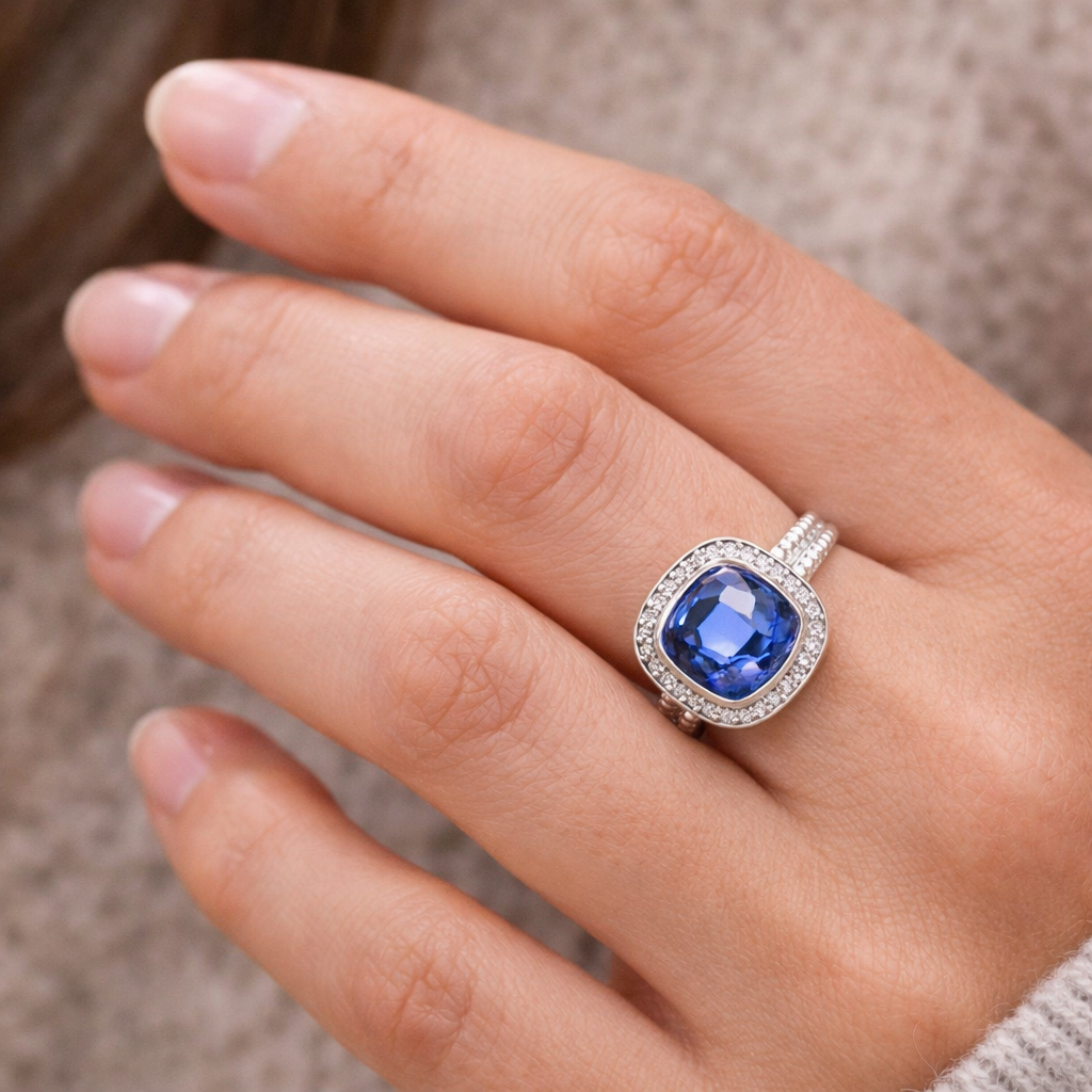 Sterling Silver Cushion Cut Simulated Tanzanite Ring CZ Halo Size 6 Statement Ring
