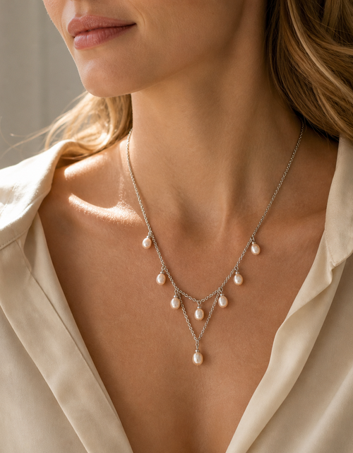 Load image into Gallery viewer, Blush Cascade Pearl Festoon Necklace -Honora Sterling Silver Pink Freshwater Pearl
