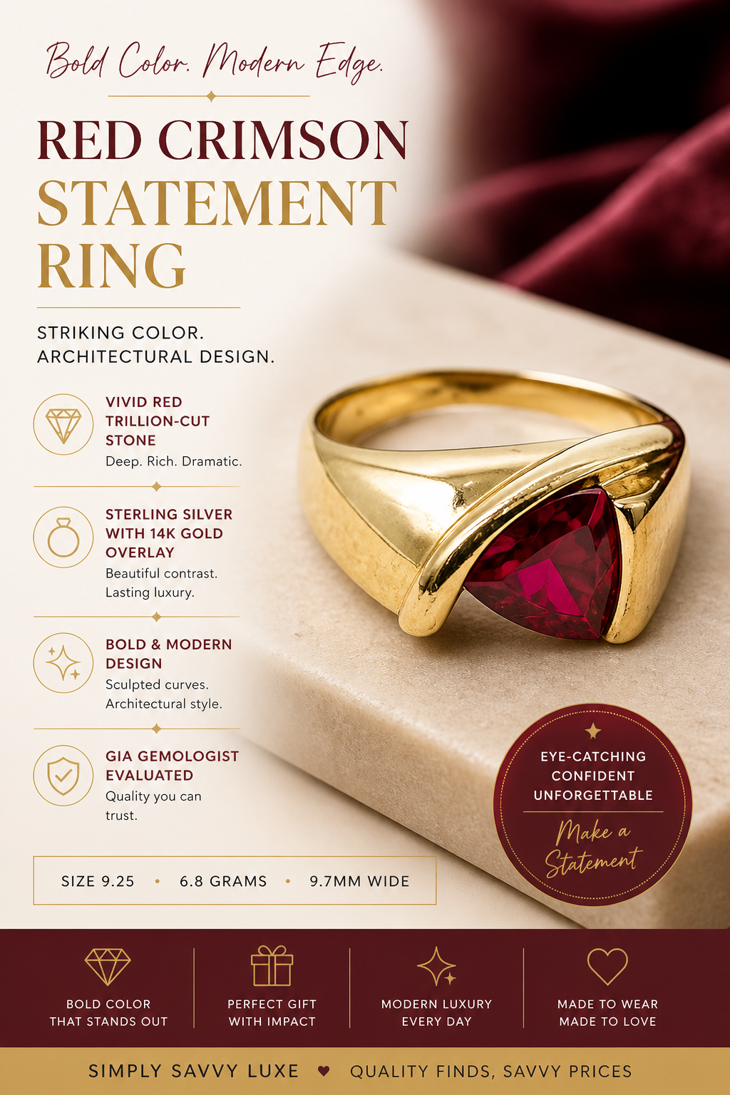 Crimson Edge Trillion Statement Ring -  with Gold Overlay