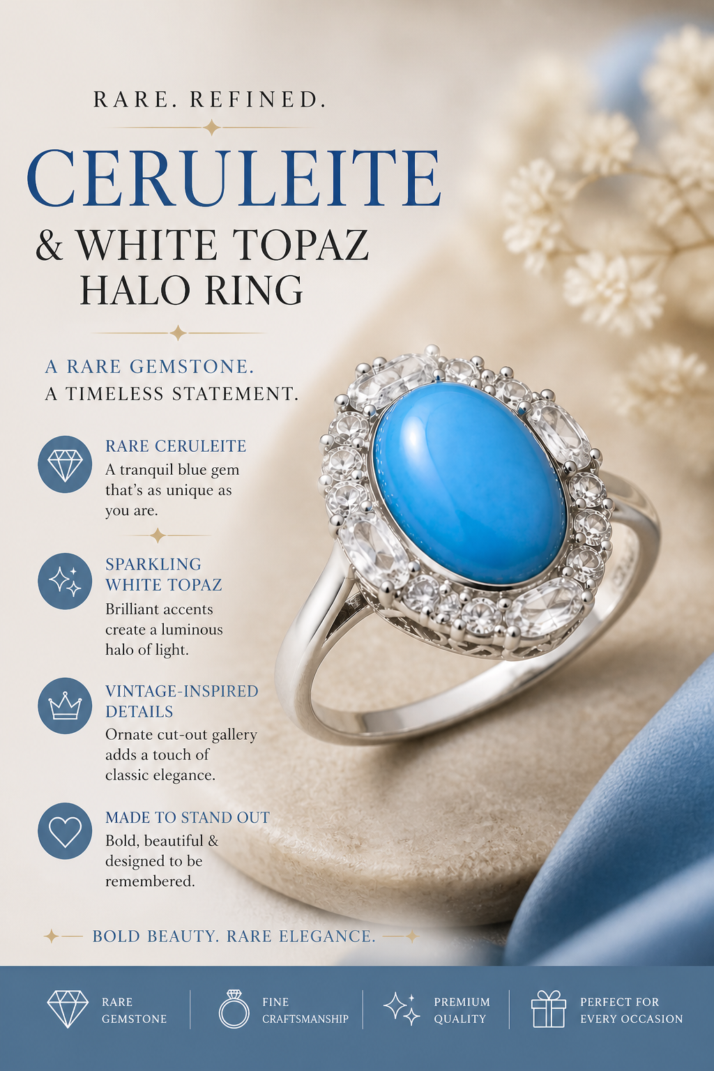 Cerulean Halo Legacy Ring - Ceruleite Halo Ring with White Topaz – Size 5