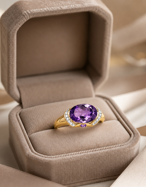 Load image into Gallery viewer, Royal Bloom Amethyst Ring Oval Amethyst &amp; Diamond Accent Ring in 10K Yellow Gold
