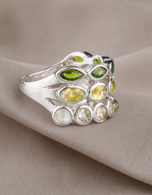Load image into Gallery viewer, Verdant Harmony Ombré Gemstone Ring - Pangea Mines Three-Row Ombré Peridot, Chrome Diopside &amp; Prasiolite
