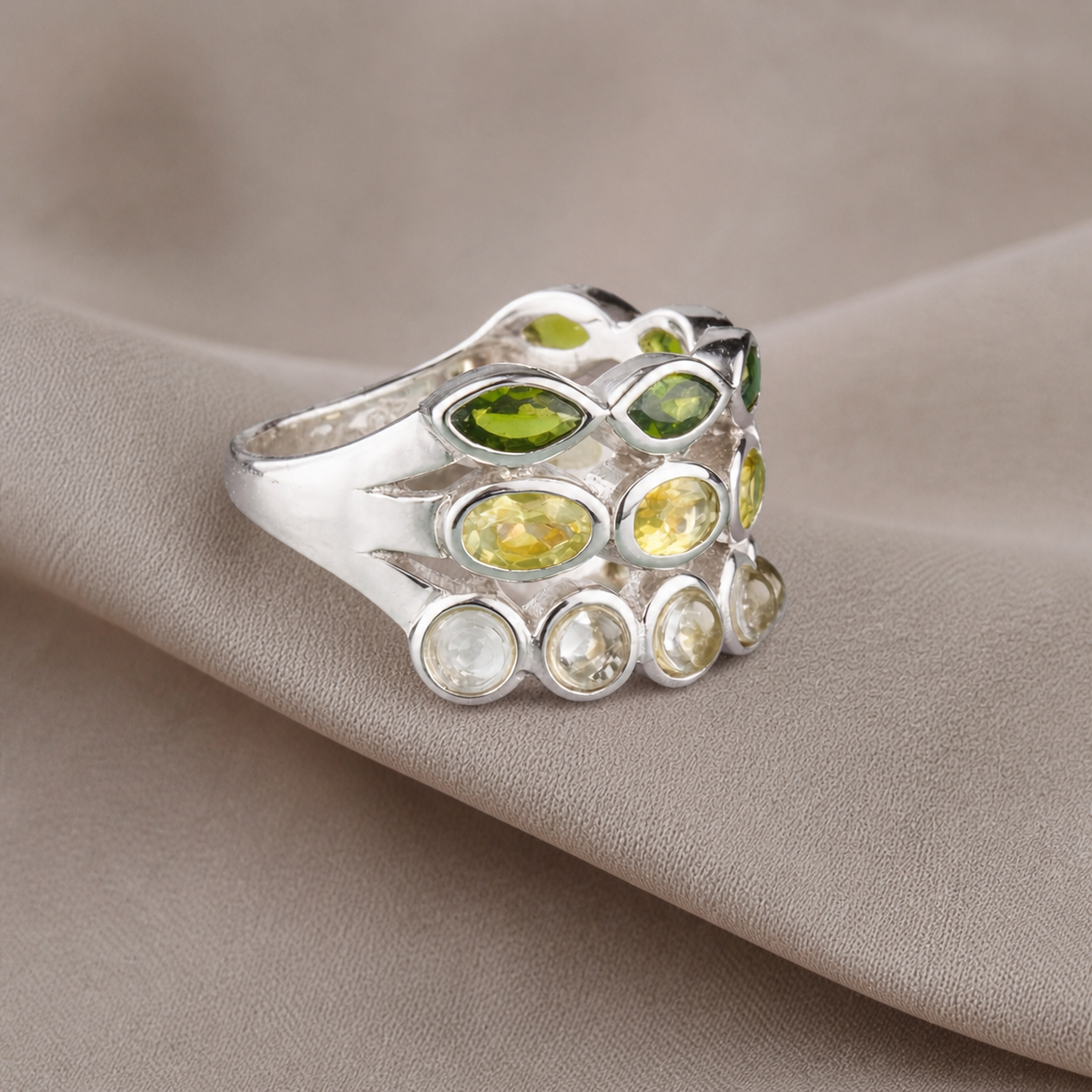 Verdant Harmony Ombré Gemstone Ring - Pangea Mines Three-Row Ombré Peridot, Chrome Diopside & Prasiolite