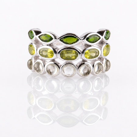 Verdant Harmony Ombré Gemstone Ring - Pangea Mines Three-Row Ombré Peridot, Chrome Diopside & Prasiolite