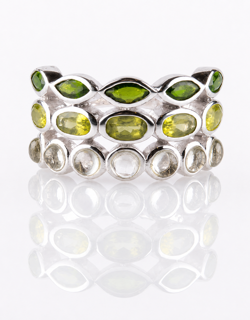 Load image into Gallery viewer, Verdant Harmony Ombré Gemstone Ring - Pangea Mines Three-Row Ombré Peridot, Chrome Diopside &amp; Prasiolite
