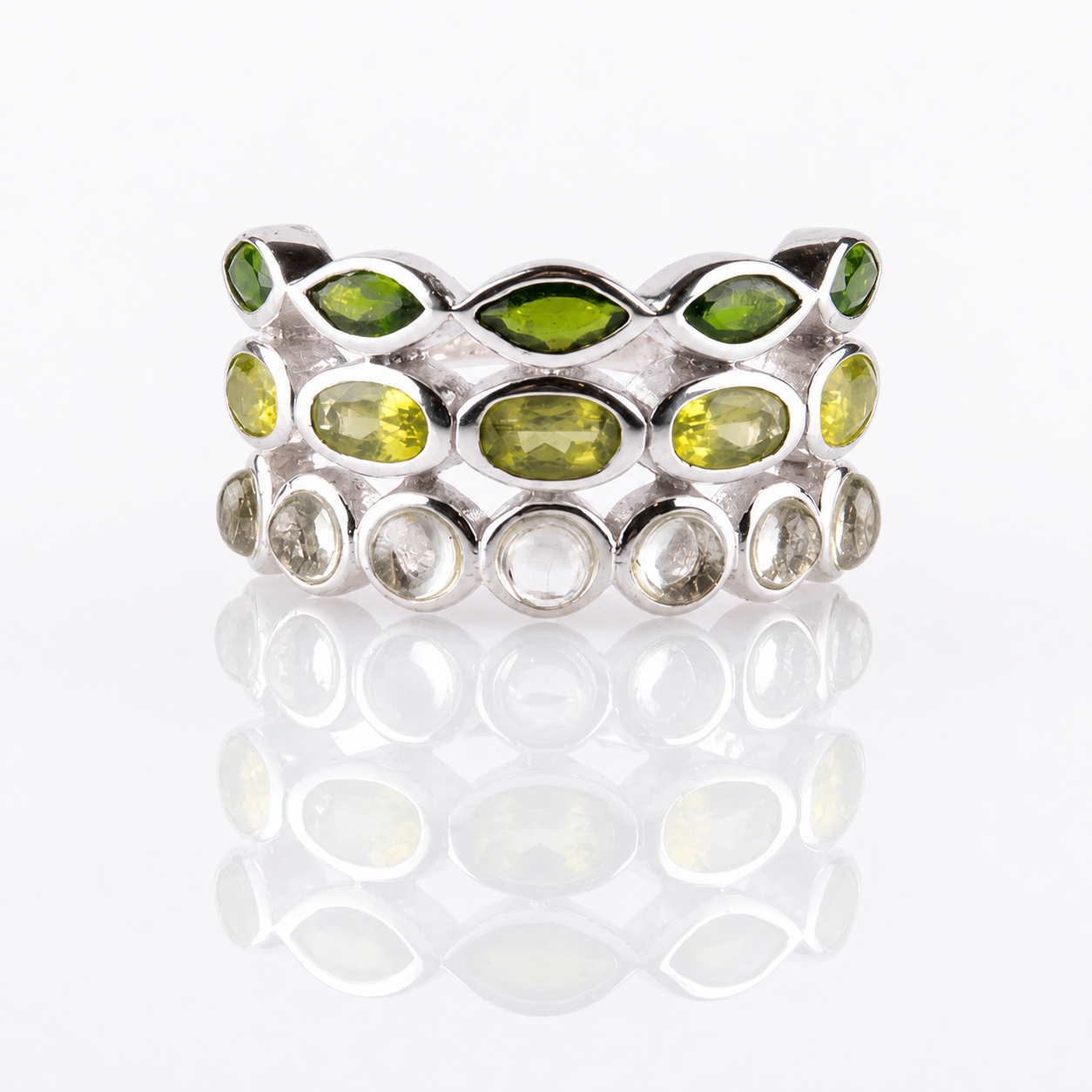 Verdant Harmony Ombré Gemstone Ring - Pangea Mines Three-Row Ombré Peridot, Chrome Diopside & Prasiolite