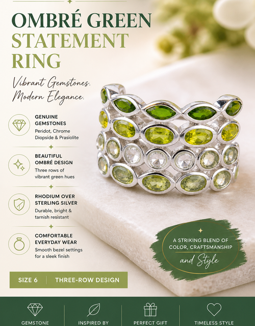 Load image into Gallery viewer, Verdant Harmony Ombré Gemstone Ring - Pangea Mines Three-Row Ombré Peridot, Chrome Diopside &amp; Prasiolite
