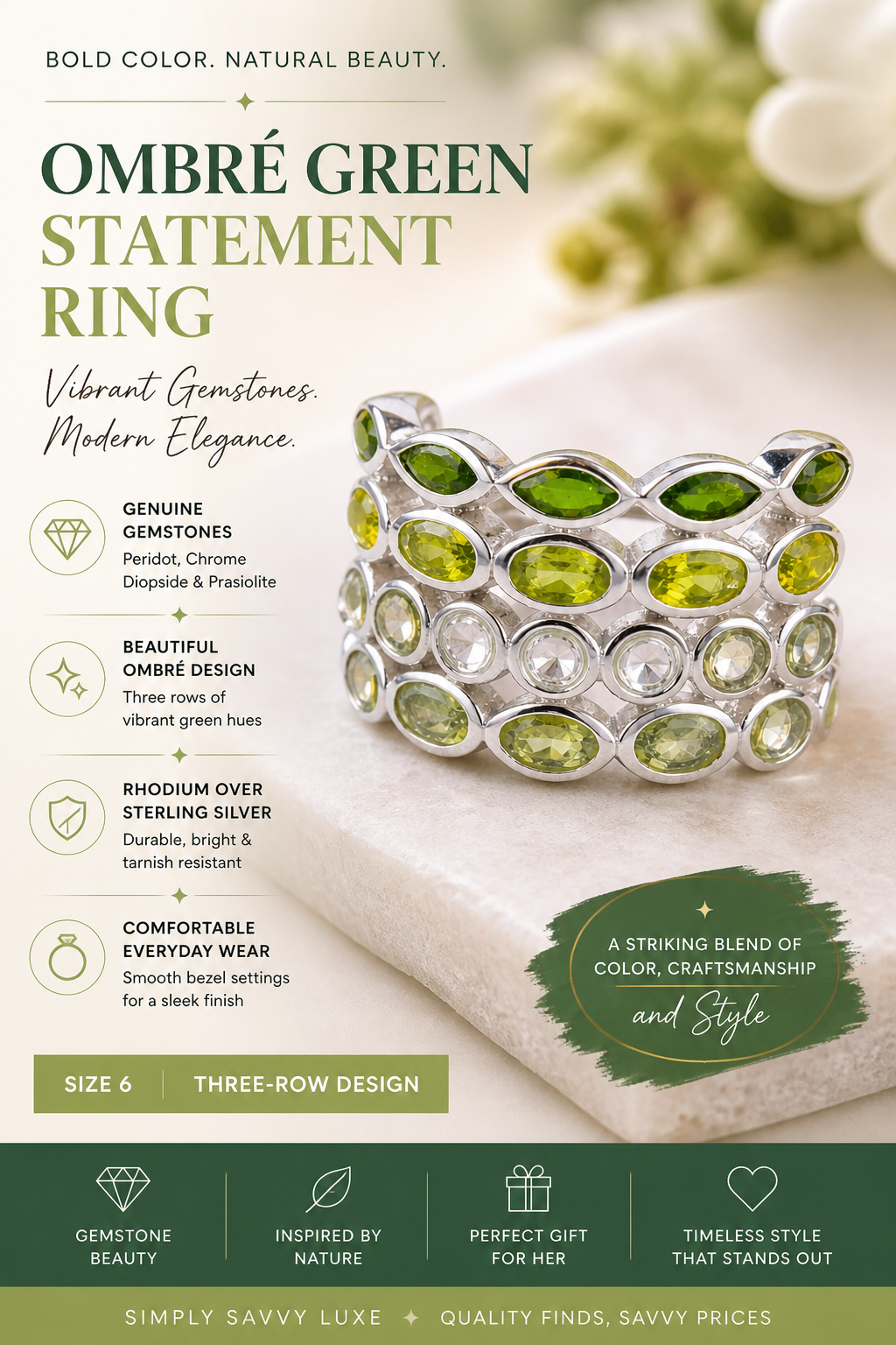 Verdant Harmony Ombré Gemstone Ring - Pangea Mines Three-Row Ombré Peridot, Chrome Diopside & Prasiolite