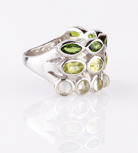 Verdant Harmony Ombré Gemstone Ring - Pangea Mines Three-Row Ombré Peridot, Chrome Diopside & Prasiolite