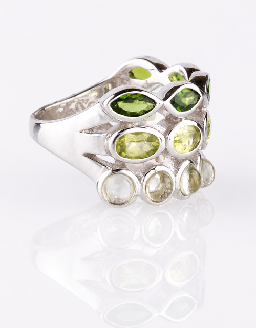 Load image into Gallery viewer, Verdant Harmony Ombré Gemstone Ring - Pangea Mines Three-Row Ombré Peridot, Chrome Diopside &amp; Prasiolite
