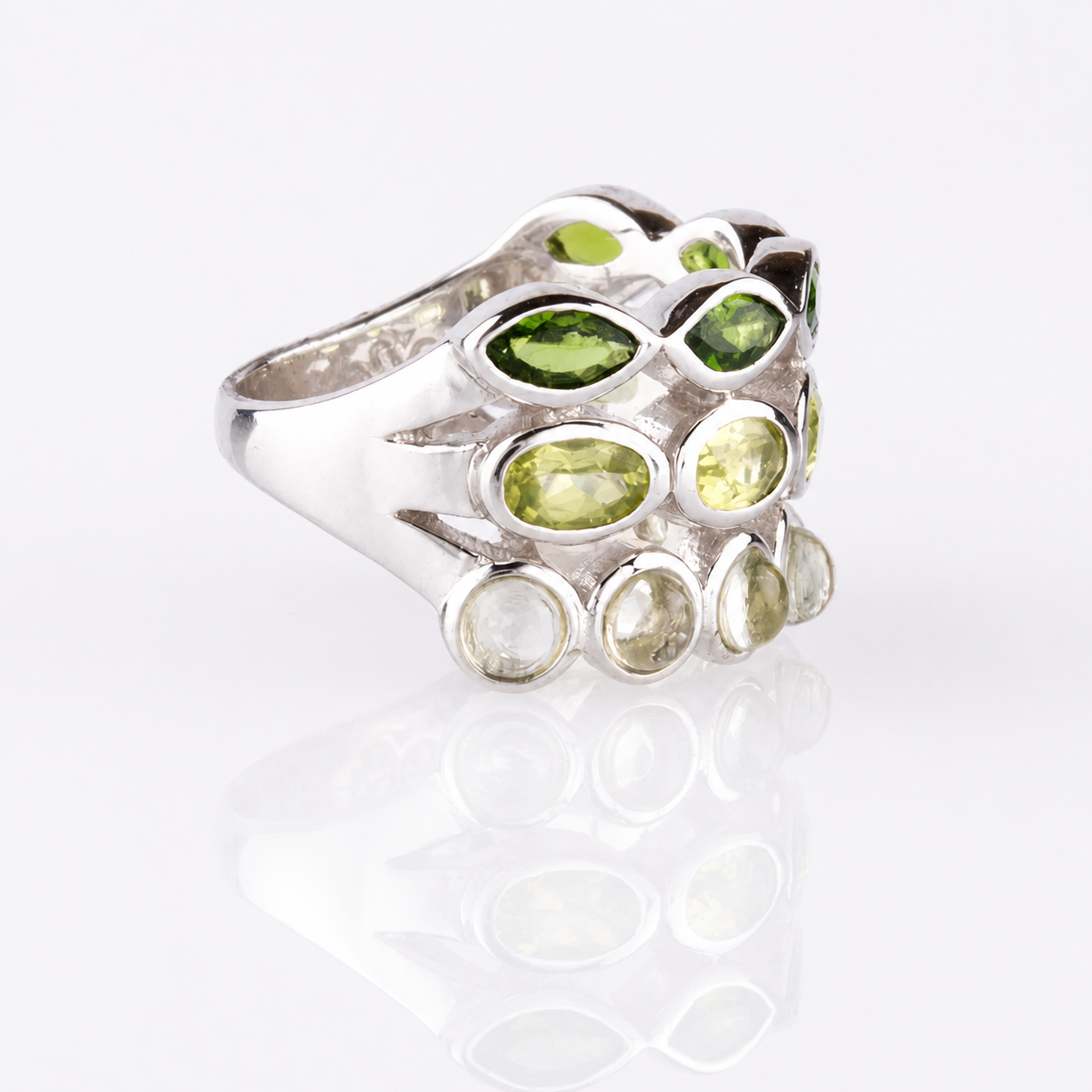 Verdant Harmony Ombré Gemstone Ring - Pangea Mines Three-Row Ombré Peridot, Chrome Diopside & Prasiolite
