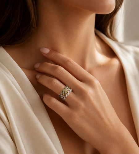Verdant Harmony Ombré Gemstone Ring - Pangea Mines Three-Row Ombré Peridot, Chrome Diopside & Prasiolite