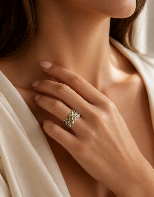 Load image into Gallery viewer, Verdant Harmony Ombré Gemstone Ring - Pangea Mines Three-Row Ombré Peridot, Chrome Diopside &amp; Prasiolite
