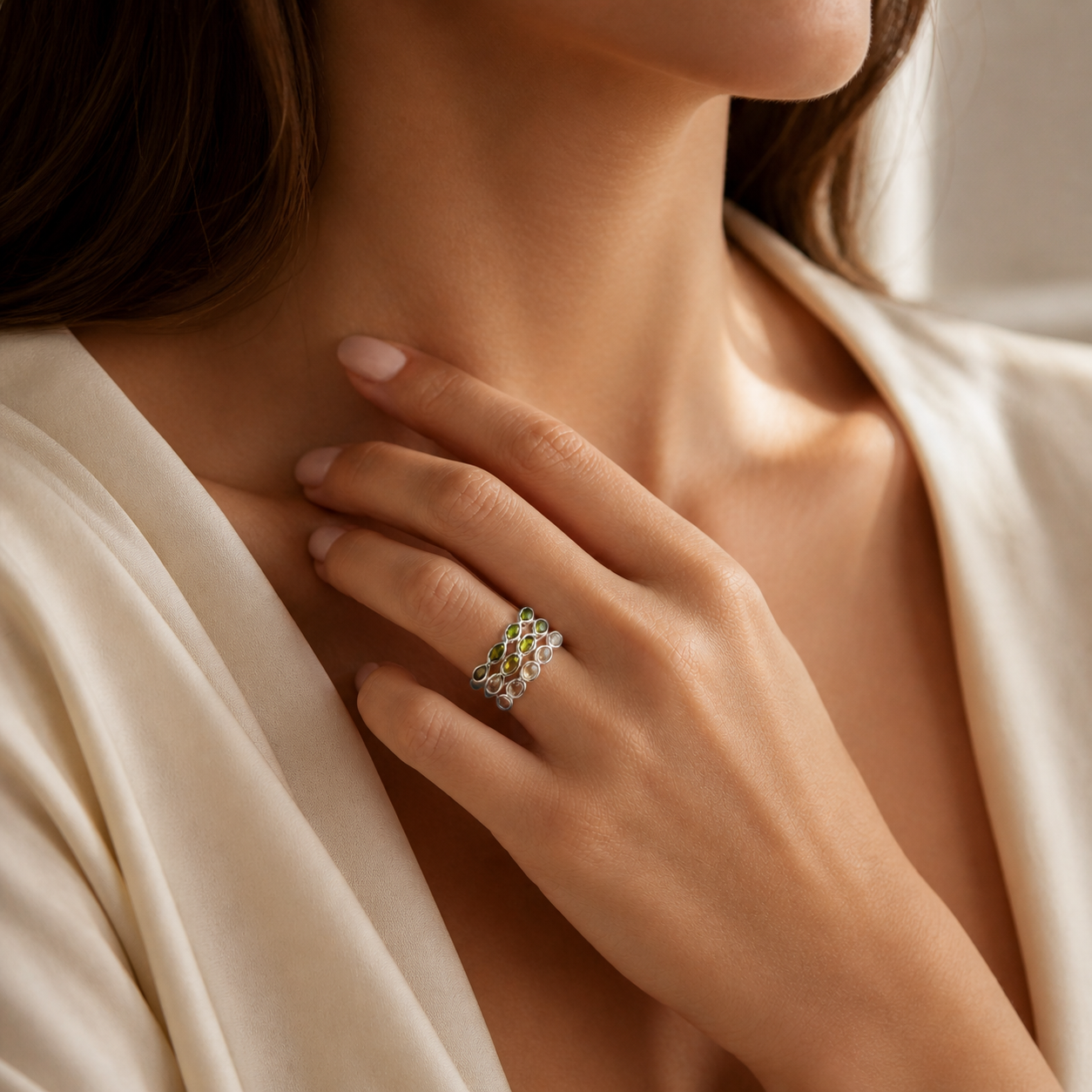 Verdant Harmony Ombré Gemstone Ring - Pangea Mines Three-Row Ombré Peridot, Chrome Diopside & Prasiolite