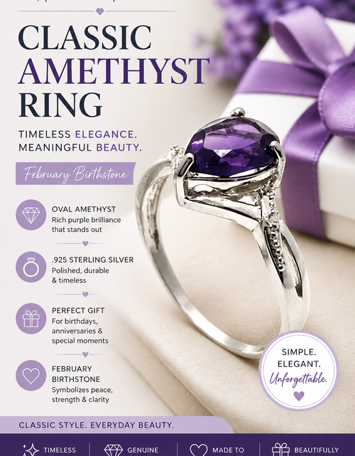 Load image into Gallery viewer, Violet Grace Amethyst Ring - .925 Sterling Silver Oval Amethyst – Size 7|Classic Solitaire
