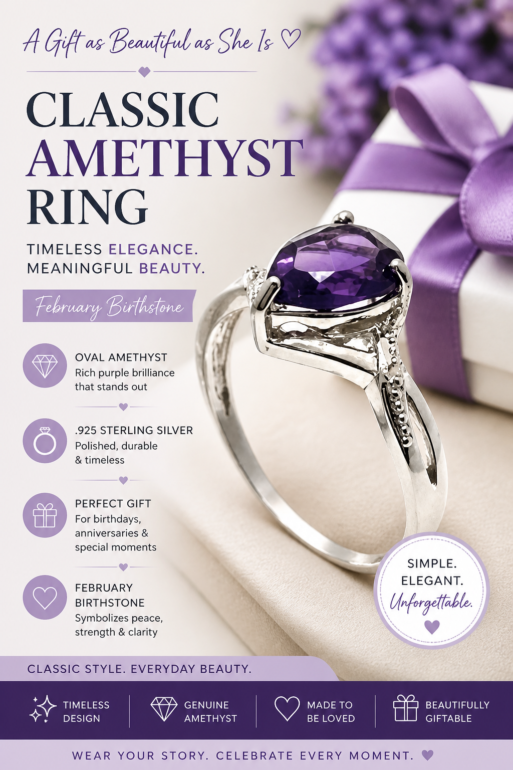 Violet Grace Amethyst Ring - .925 Sterling Silver Oval Amethyst – Size 7|Classic Solitaire
