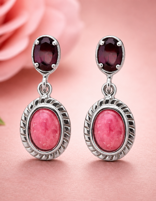 Load image into Gallery viewer, Simply Savvy “Crimson Bloom” Rhodonite &amp; Garnet Drop Earrings – Sterling Silver
