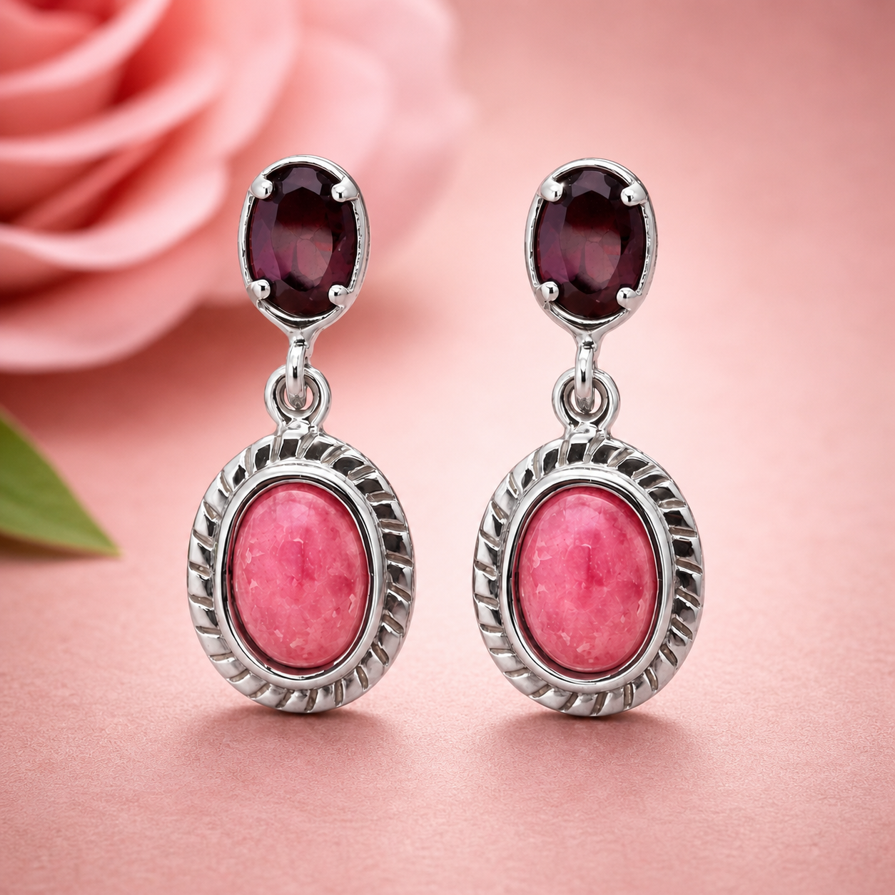 Simply Savvy “Crimson Bloom” Rhodonite & Garnet Drop Earrings – Sterling Silver
