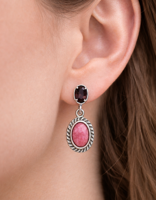 Load image into Gallery viewer, Simply Savvy “Crimson Bloom” Rhodonite &amp; Garnet Drop Earrings – Sterling Silver

