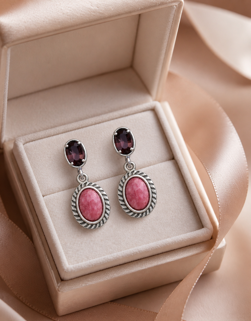 Load image into Gallery viewer, Simply Savvy “Crimson Bloom” Rhodonite &amp; Garnet Drop Earrings – Sterling Silver
