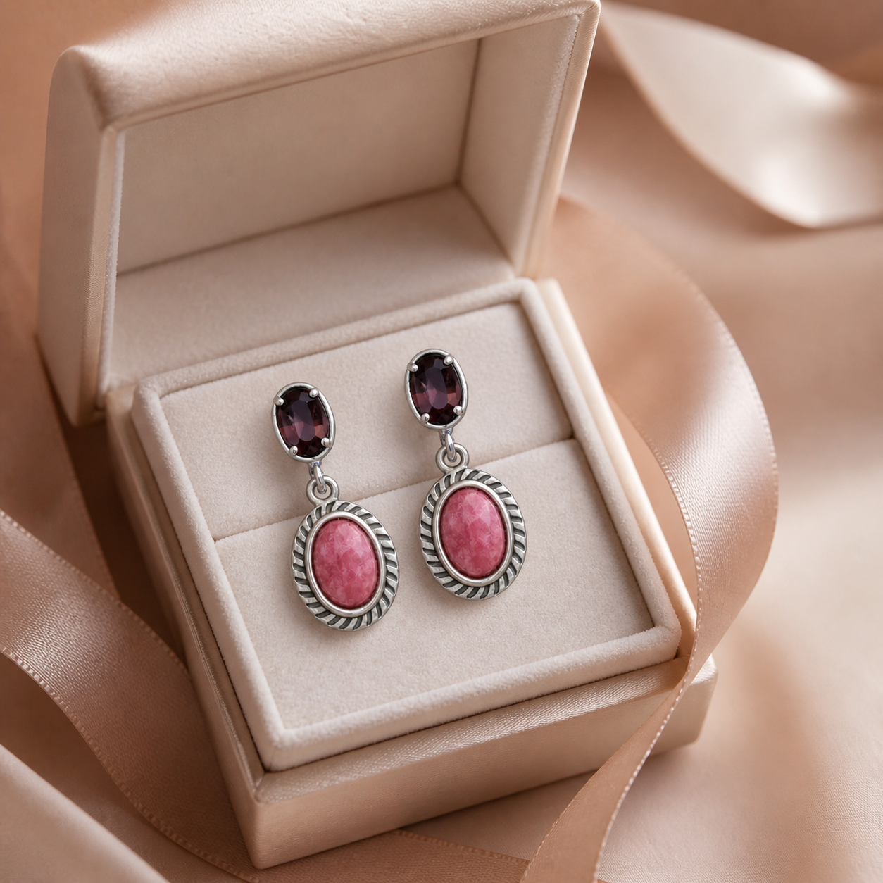 Simply Savvy “Crimson Bloom” Rhodonite & Garnet Drop Earrings – Sterling Silver
