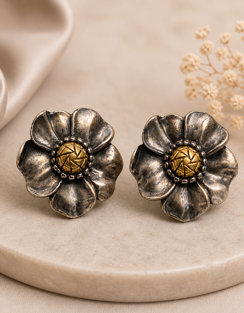 Load image into Gallery viewer, Simply Savvy “Golden Noir Bloom” Ann King Sterling Silver &amp; 18K Gold Flower Earrings
