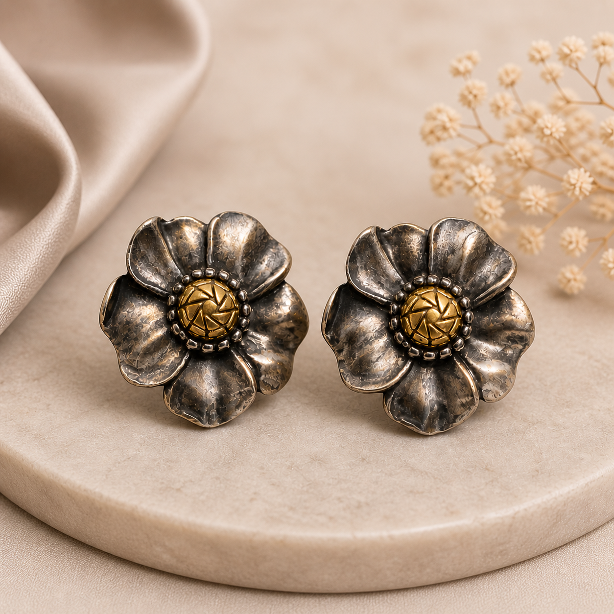 Simply Savvy “Golden Noir Bloom” Ann King Sterling Silver & 18K Gold Flower Earrings