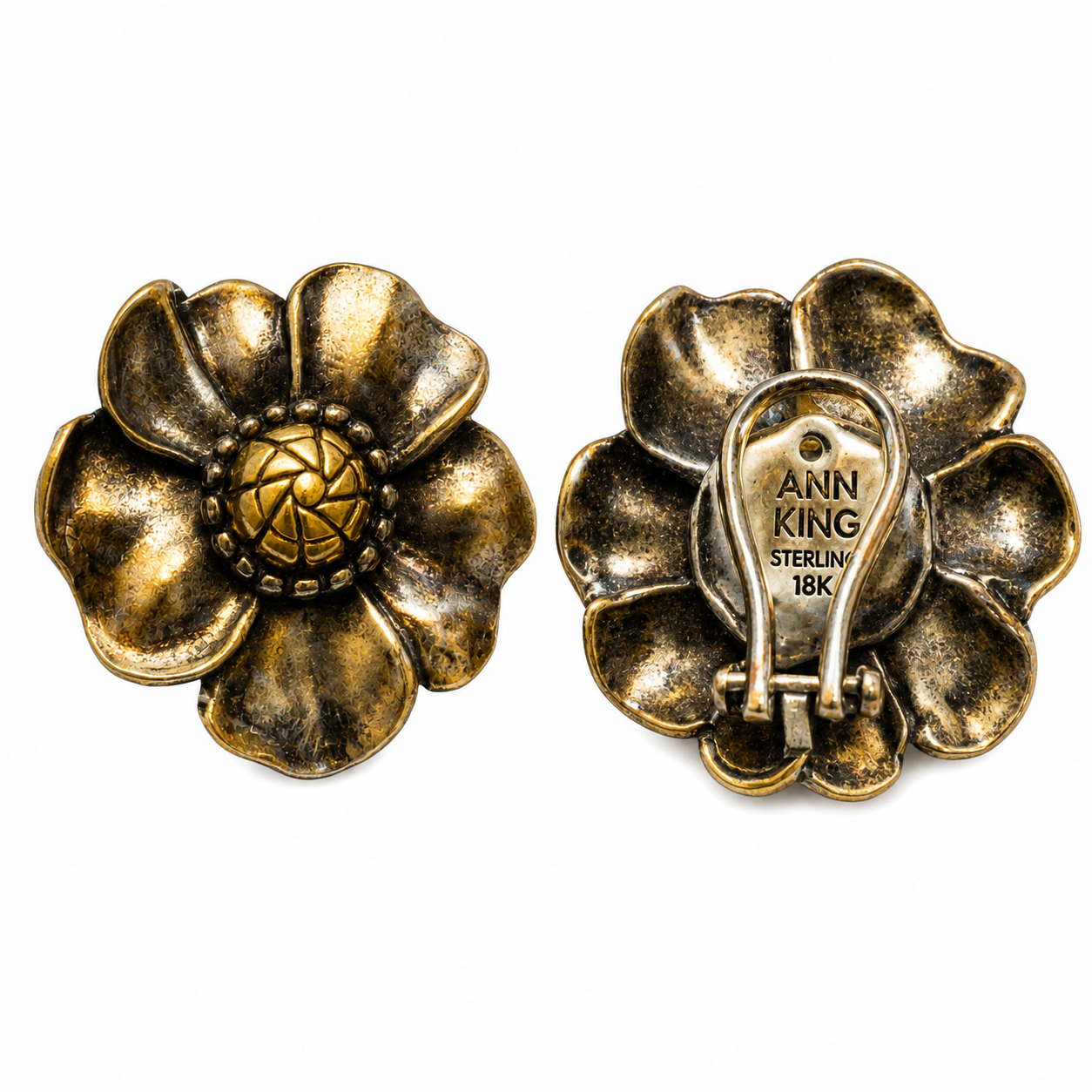 Simply Savvy “Golden Noir Bloom” Ann King Sterling Silver & 18K Gold Flower Earrings
