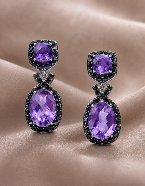 Load image into Gallery viewer, Simply Savvy “Midnight Amethyst Drops” – Sterling Silver Amethyst &amp; Black Spinel Earrings (5.50 CTW)
