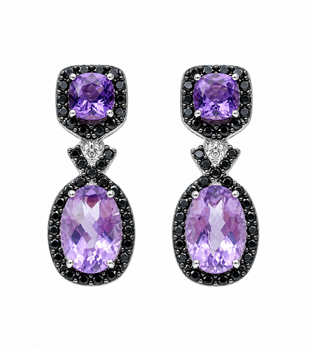 Simply Savvy “Midnight Amethyst Drops” – Sterling Silver Amethyst & Black Spinel Earrings (5.50 CTW)