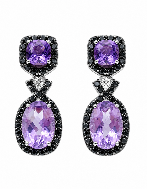 Load image into Gallery viewer, Simply Savvy “Midnight Amethyst Drops” – Sterling Silver Amethyst &amp; Black Spinel Earrings (5.50 CTW)
