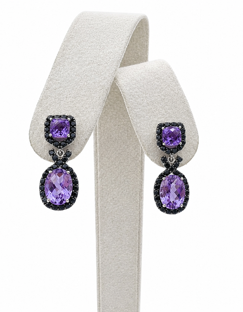Load image into Gallery viewer, Simply Savvy “Midnight Amethyst Drops” – Sterling Silver Amethyst &amp; Black Spinel Earrings (5.50 CTW)
