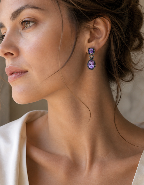 Load image into Gallery viewer, Simply Savvy “Midnight Amethyst Drops” – Sterling Silver Amethyst &amp; Black Spinel Earrings (5.50 CTW)
